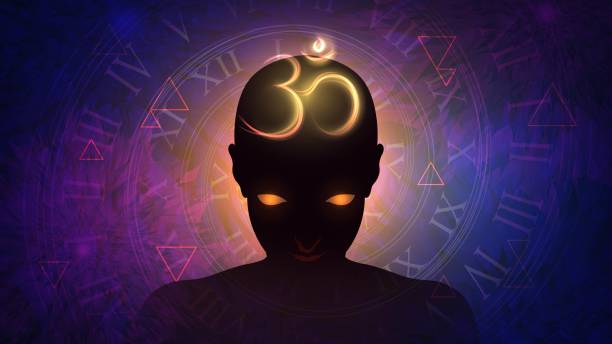 Ыign Om on head Silhouette of a human with a glowing Indian sign Om on his head on a spiral of time kurma stock illustrations