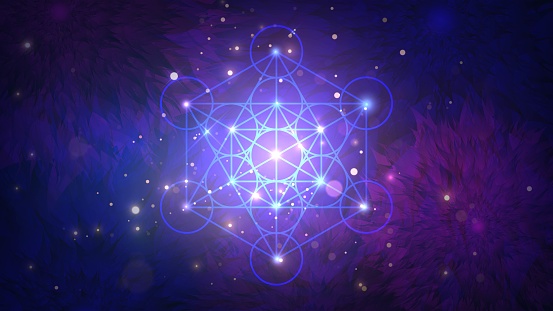 Glowing geometric metatron cube on floral patterns background