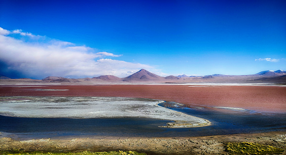 Laguna Colorada, Red Laguna on the altiplano, Idyllic Altiplano Atacama Desert, Volcanic landscape panorama Potosi region, Bolivian Andes in Bolivia