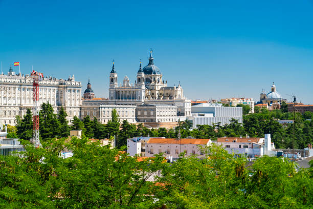 Madrid, Spain Landscape The Almudena Cathedral and the city of Madrid, Spain on a sunny day. madrid stock pictures, royalty-free photos & images