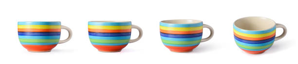 multi-color striped ceramic tea cup with a wide open rim and a small base