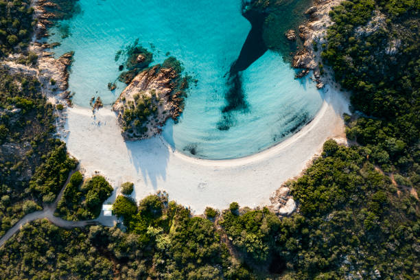 vista dall'alto, splendida vista aerea di una costa verde con la bellissima prince beach (spiaggia del principe) una spiaggia di sabbia bianca bagnata da un'acqua turchese. sardegna, italia. - granite travel foto e immagini stock