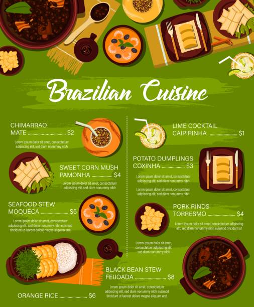 brasilianische küche mahlzeiten vektor menü vorlage. - kartoffelknödel essen stock-grafiken, -clipart, -cartoons und -symbole