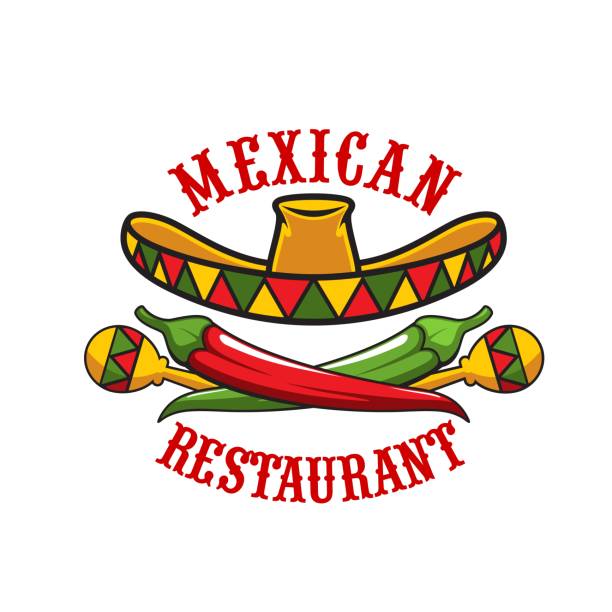 ilustrações, clipart, desenhos animados e ícones de ícone de restaurante mexicano, sombrero, maracas, pimenta - texmex