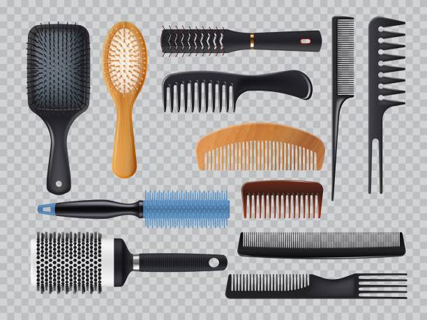 ilustrações, clipart, desenhos animados e ícones de conjunto de equipamentos vetoriais realistas de escova de cabelo e pentes - tooth comb