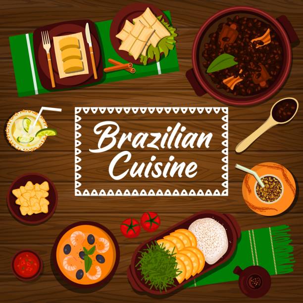 brasilianische küche cartoon poster, brasilien mahlzeiten - kartoffelknödel essen stock-grafiken, -clipart, -cartoons und -symbole