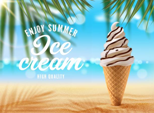 Vanilla ice cream cone on palm beach, vector ad Vanilla ice cream cone on palm beach. Vector ad poster with realistic 3d icecream in waffle cup with chocolate topping stuck in sand with palm tree branch shadow on blurred seascape summer background vanilla ice cream stock illustrations