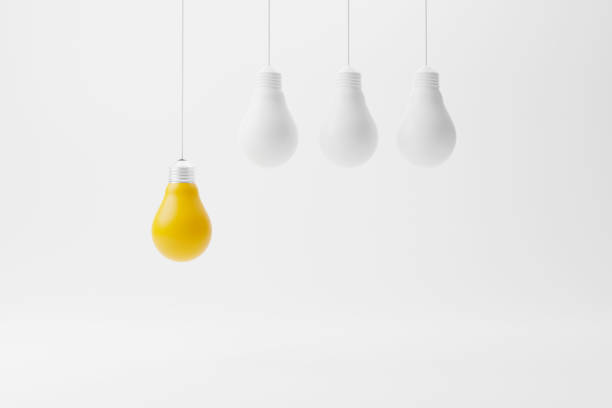 istock Hanging light bulb yellow outstanding among lightbulb group. Concept of creative idea and innovation, Unique, Think different, Individual and standing out from the crowd. 3d render illustration 1341989765