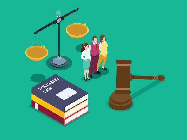 Polygamy couple with gavel and justice scales Polygamy vector concept. Young man embracing his two wives while standing with gavel and justice scales background polygamy stock illustrations