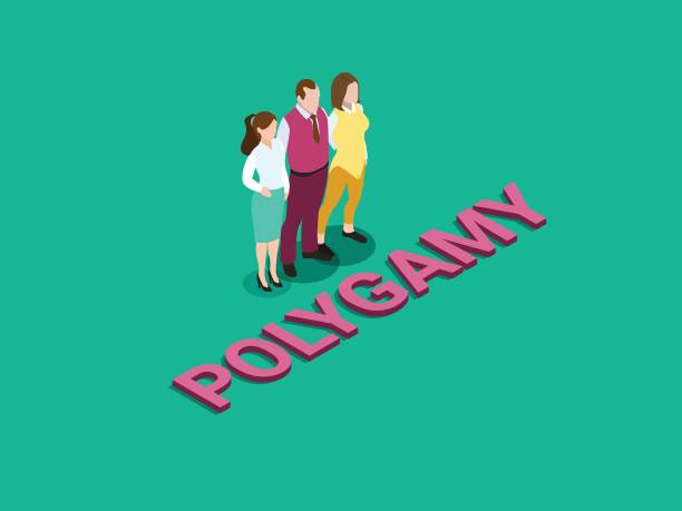 Man embracing his two wives with polygamy word Polygamy vector concept. Young man embracing his two wives while standing with polygamy word in the studio polygamy stock illustrations
