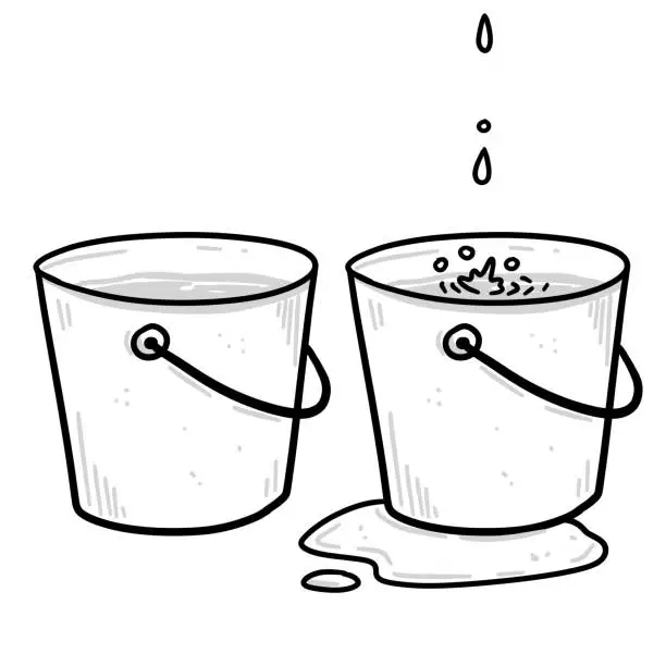 Vector illustration of Bucket. Drops of water and a leak. Full pail.