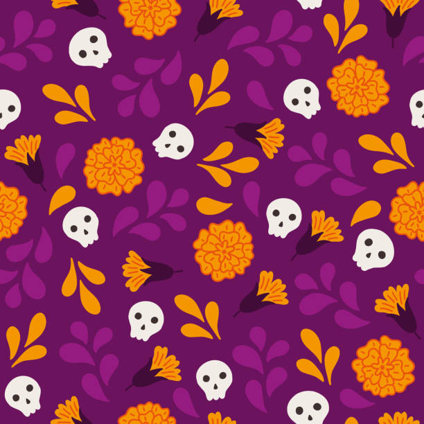 Day of the dead seamless pattern with scull and marigold Day of the dead seamless pattern with scull and marigold on violet background. Dia de los muertos. Perfect for Mexican holidays, wallpaper, wrapping paper, fabric. Vector illustration skull patterns stock illustrations