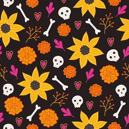 Day of the dead seamless pattern with sunflower, bones, scull, heart, marigold on black background. Dia de los muertos. Perfect for Mexican holidays, wrapping paper, fabric. Vector illustration