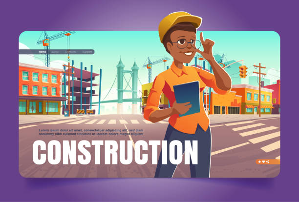 illustrazioni stock, clip art, cartoni animati e icone di tendenza di banner di costruzione con ingegnere donna - bridge incomplete construction building activity