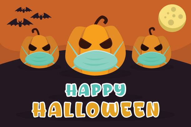istock Pumpkins wear face mask with happy halloween text 1341993700