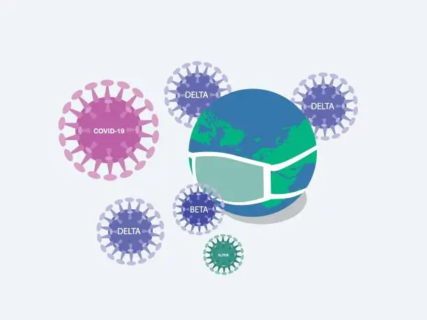 Vector illustration of Earth wearing face mask with corona virus variant