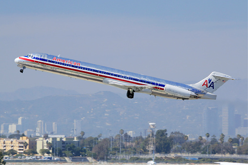 Los Angeles, California, USA - August 16, 2015: The Retro Livery American Airlines McDonnell Douglas MD-80 Aircraft, Take-off at Los Angeles International Airport (LAX).