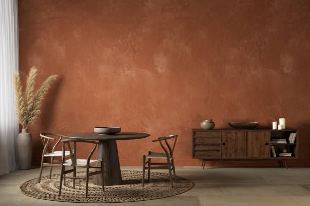 istock Orange interior with dining table dreser and decor. 3d render illustration mockup. 1341994918