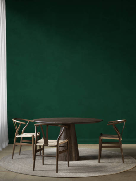 istock Dark green interior with dining table. 3d render illustration mockup. 1341994960