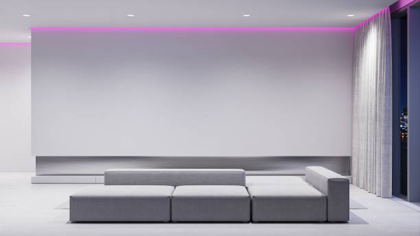istock Contemporary minimalist white interior with sofa and night lighting. 3d render illustration mockup. 1341994980