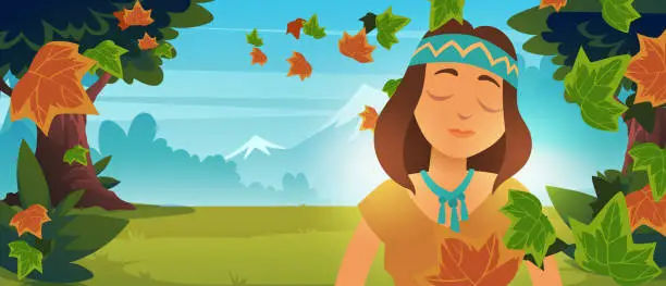 Vector illustration of Native Indian American girl in autumn forest