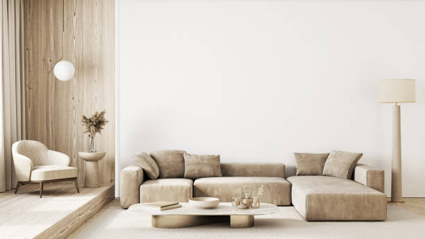istock Contemporary interior with sofa, armchair and decor. 3d render illustration mockup. 1341995034