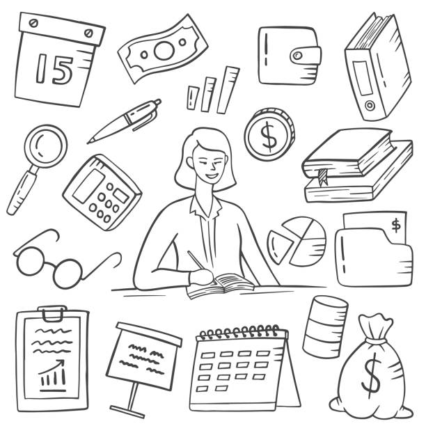 accountant jobs or profession doodle hand drawn set collections with outline black and white style accountant jobs or profession doodle hand drawn set collections with outline black and white style vector illustration accounting drawings stock illustrations