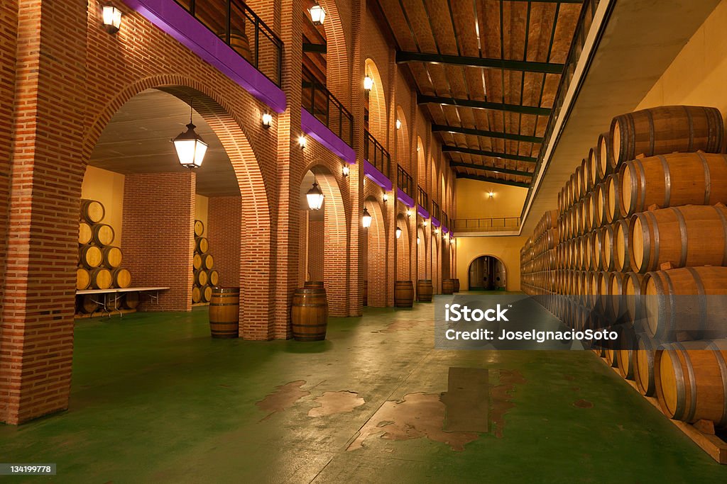 Bodega de vinos. Gran salón con arcos y barriles - Foto de stock de Valladolid - Provincia española libre de derechos