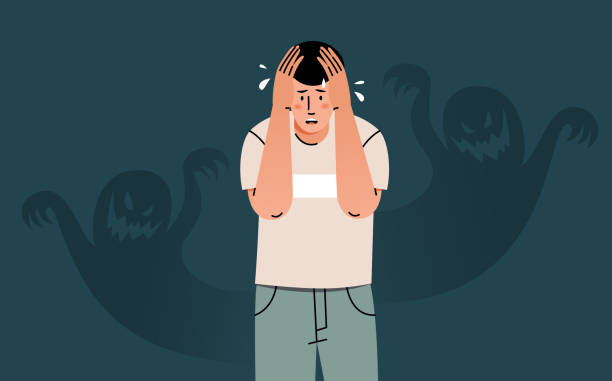 Scared man Young man feels fear, anxiety and confusion. Concept of nightmare, fear, panic attacks, mental health problems. phobia stock illustrations