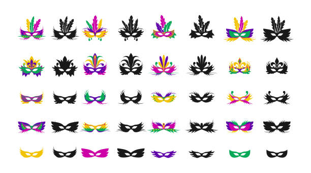 ilustraciones, imágenes clip art, dibujos animados e iconos de stock de un gran conjunto de máscaras de carnaval. máscaras al estilo del carnaval de mardi gras. - mardi gras