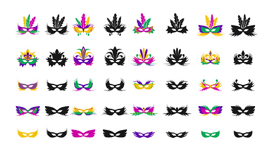 A large set of carnival masks. Masks in the style of Mardi Gras carnival. Colored masks and black silhouettes isolated on a white background for design and web.