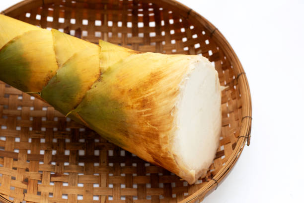 istock Bamboo shoot in bamboo basket on white background. 1341999781