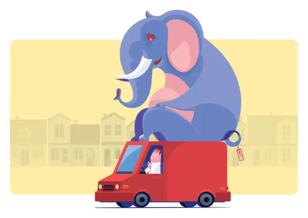 Vector illustration of businessman carrying elephant by van