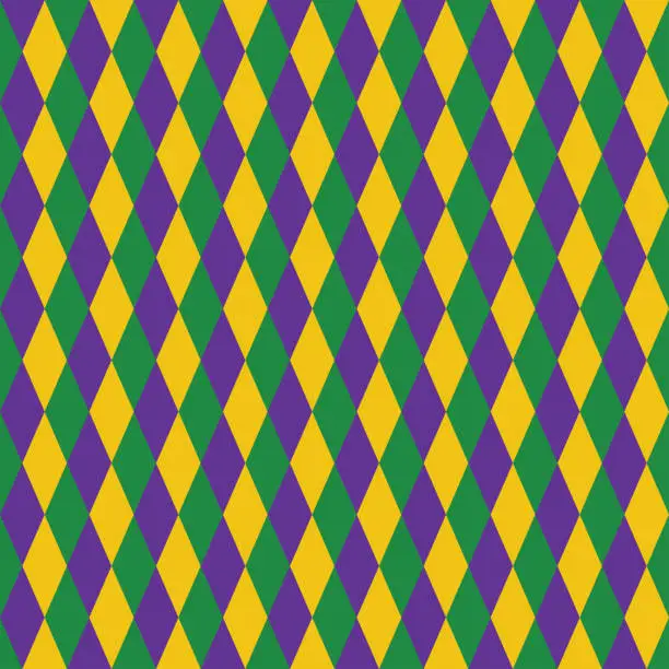 Vector illustration of Seamless background of diamonds in the colors of the Mardi Gras carnival. Tricolor rhombuses arranged vertically in a staggered order.