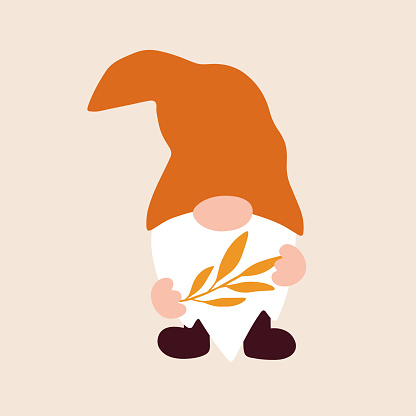 Vector harvesting cute gnome with branch illustration. Autumn greeting card. Fall season decoration. Harvest poster design. For festival banner, greeting card, print.