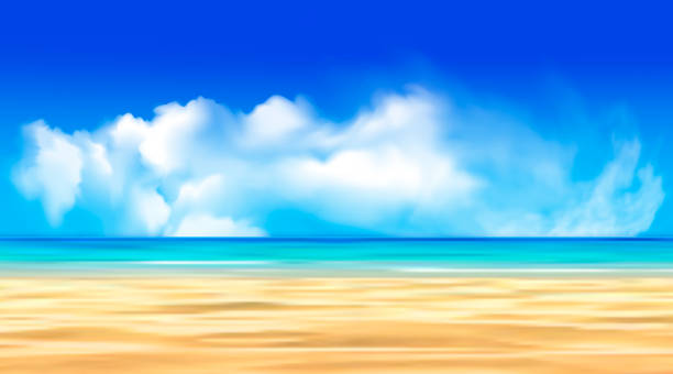 illustrations, cliparts, dessins animés et icônes de mer bleue avec plage et nuages. graphiques vectoriels de bali. - color image colored background nautical vessel sea