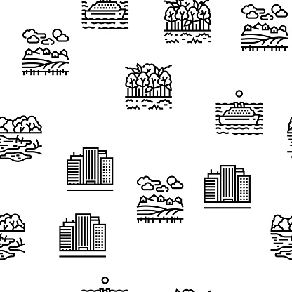 Land Scape Nature Vector Seamless Pattern Thin Line Illustration