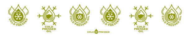 stempel, naklejka - tłoczony na zimno naturalny olej. znak informacyjny. elementy zgrupowane wektorowo. - cold pressed stock illustrations
