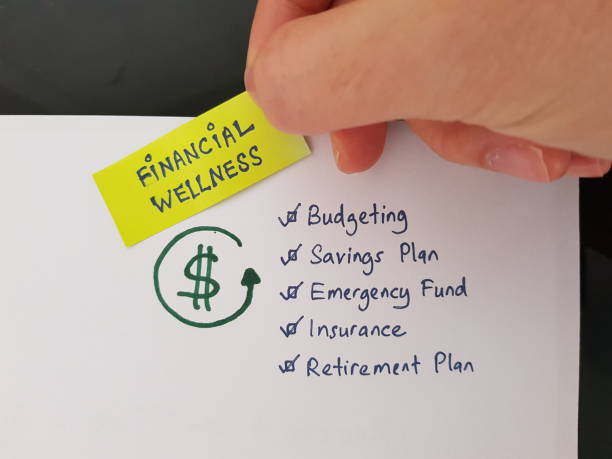 financial wellness. financial wellbeing. tips to better manage your finance. budgeting, savings plan, emergency fund, insurance and retirement plan - wellbeing imagens e fotografias de stock