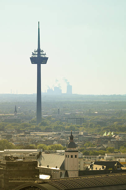 Aerial citiscape view of Cologne, Germany Aerial cityscape view of TV Turn and Oil Industry Factory smoke stacks, Cologne, Germany sendemast stock pictures, royalty-free photos & images