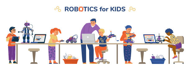 Robotics for kids horizontal vector banner Robotics for kids horizontal vector banner. Children with teacher engineering and programming robots. child robot class stock illustrations