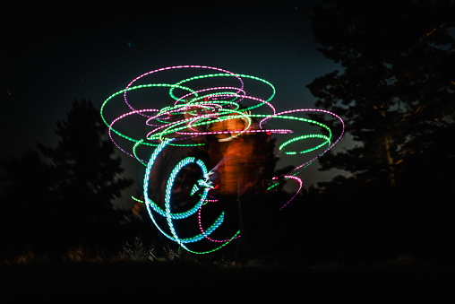 Light paintings. Dancing with a ring with lights. Light performance.