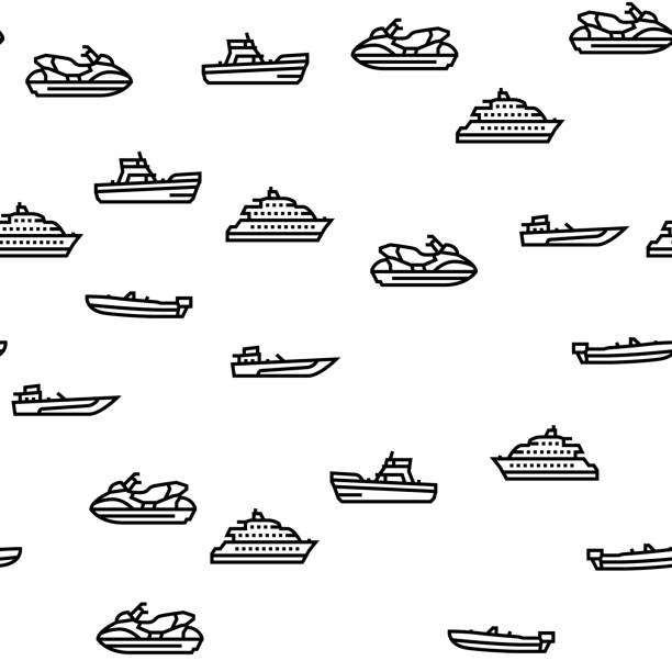 ilustrações de stock, clip art, desenhos animados e ícones de boat water transportation types vector seamless pattern - runabout