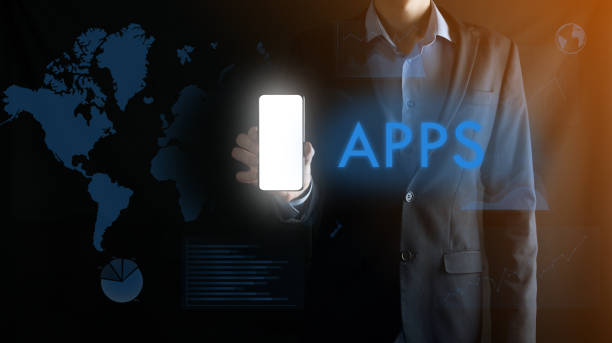 Businessman holding a mobile smartphone with white blank screen with space for text ,inscription word APPS.Business, Technology, Internet and network concept