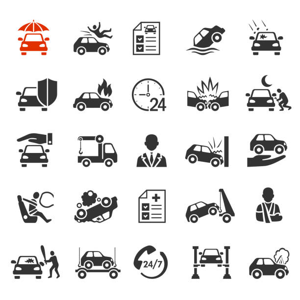 ilustrações, clipart, desenhos animados e ícones de conceito de seguro de carro. ícones do seguro de automóveis. - tow truck car computer icon auto accidents