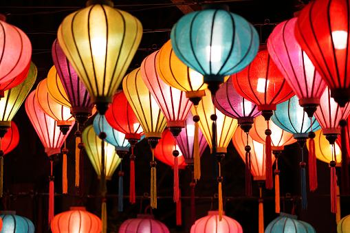 Night view of many colorful lanterns