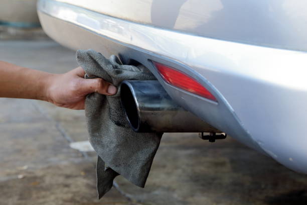 istock Wipe the exhaust pipe with chamois cloth 1342011856