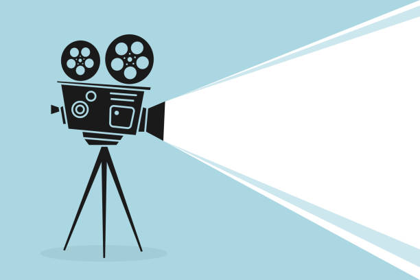 stockillustraties, clipart, cartoons en iconen met detailed silhouette of vintage cinema projector or camcorder on a tripod. cinema background. old film projector with place for your text. movie festival template for banner, flyer, poster or tickets. - camera