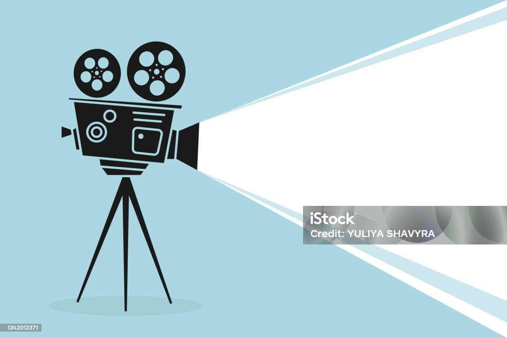 Detailed silhouette of vintage cinema projector or camcorder on a tripod. Cinema background. Old film projector with place for your text. Movie festival template for banner, flyer, poster or tickets. Detailed silhouette of vintage cinema projector or camcorder on a tripod. Cinema background. Old film projector with place for your text. Movie festival template for banner, flyer, poster or tickets Movie stock vector