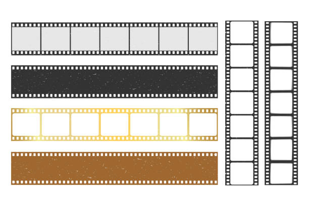 벡터 복고풍 35mm 포토 및 영화 필름 스트립 세트. 시네마 필름 스트립의 현실적인 오래된 셀룰로이드 프레임. 디자인에 대한 투명성과 색상 효과와 빈 영화 필름 스트립 프레임의 컬렉션. - 음화 stock illustrations